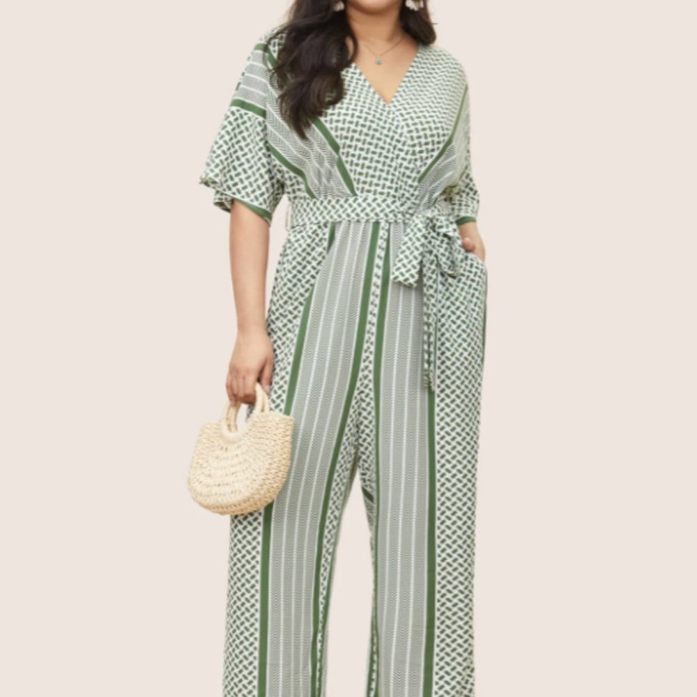 Geometric Contrast Dolman Sleeve Pocket Belted Wrap Jumpsuit